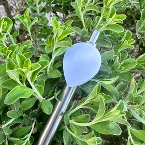 May include: A silver metal bottle with a light purple glass bulb on top. The bottle is sitting on a bed of green leaves.