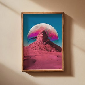 Surreal Psychedelic Art Print Dreamlike Vibrant Poster Retro Wall Art Desertscape Scene Pink Red Moon Celestial Artwork for Living Room