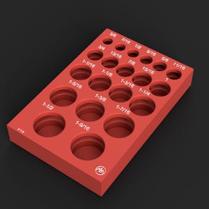 May include: A red rectangular socket organiser tray featuring multiple circular cutouts of varying sizes. Each hole is labelled with white printed text indicating imperial measurements ranging from 3/8 to 1-9/16 inches. The tray includes V 1.0 text and a circular logo.
