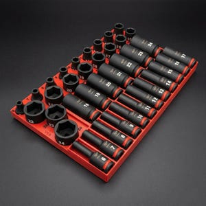 May include: A set of black impact sockets with red accents, organized in a red tray. The sockets are labeled with sizes ranging from 6 to 24, and are designed for automotive or mechanical use. The tray is rectangular and has multiple slots.