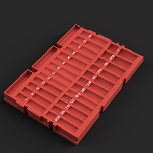 May include: A red rectangular organizer tray featuring multiple partitioned slots for storage. The tray includes white printed labels for sizes ranging from 5/16 to 1, and numbers 7 through 19, providing a structured layout for small items.