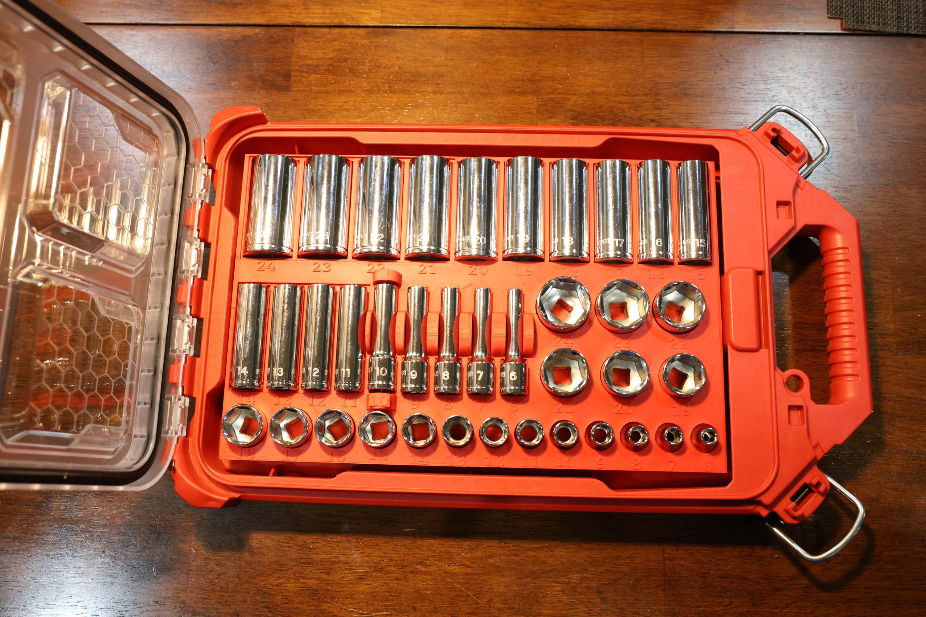 Custom STL File: Milwaukee Packout Low-Profile Compact Organizer for Tekton 3/8 Metric Deep and Shallow Sockets