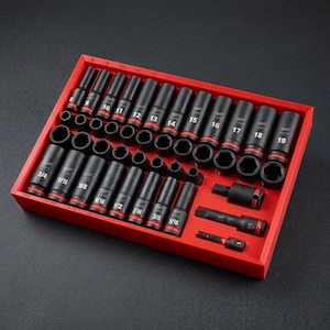 May include: A collection of black impact sockets with red detailing, presented in a red storage tray. The sockets are marked with sizes, including 3/4, 11/16, and 5/8 inches. The set includes various socket sizes and adapters.