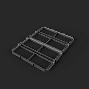 Puede incluir: Una bandeja organizadora de rejilla rectangular de plástico gris oscuro con seis compartimentos abiertos individuales dispuestos en dos filas de tres. El marco tiene un diseño de perfil bajo con bordes reforzados y pequeñas pestañas moldeadas.