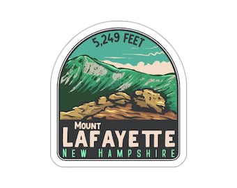 May include: A sticker featuring a mountain landscape with the text "Mount Lafayette, New Hampshire." The design includes a green mountain, brown rocks, and the elevation of 5,249 feet. The sticker has a white border and a rounded top.