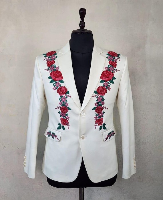 Men's White Base Red Floral Embroidered Blazer Handmade Rose