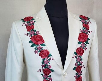 Men's White Base Red Floral Embroidered Blazer Handmade Rose