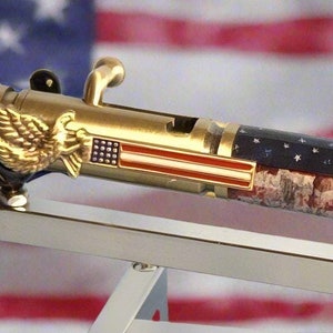 Patriotic Bolt Action Pen - American Battle Flag Design | Antique Brass & Copper Kit | God Bless America Etched Pen Top, Handmade USA Gift