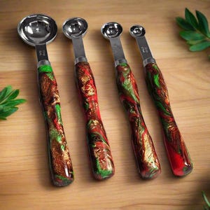 Glittery Christmas Colored Swirled Resin Measuring Spoons with Stainless Steel Scoops