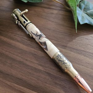 Hölzerner Pronghorn Deer Kopf Aufkleber Stift auf Riegelahorn mit einem antiken Messing Bolt Action Deer Hunters Pen Kit