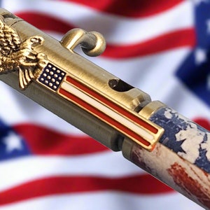 Patriotic Abstract American Flag Pen, Antique Brass Finish & Bald Eagle Clip, Saluting Soldier Accents, and God Bless America Etched Design