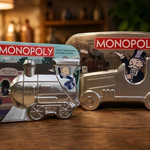 May include: Two Monopoly Collector's Edition tins featuring the classic property trading game. One tin is shaped like a silver steam locomotive, and the other is shaped like a silver race car. Both tins display the Monopoly logo and game artwork.