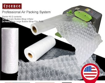 Cycence Air Packaging System Bundle- Automatic Air Cushion Wrap Bubble Inflator +2 Rolls of Heavy Duty Large Bubble Air Cushioning Film Roll