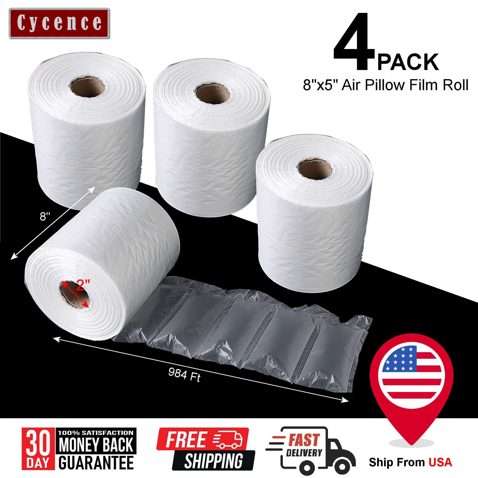 4 ROLLS - Cycence Air Pillow Film - 8" x 5" x 984 Ft/Roll - Bubble Cushioning Air Pillow Space Filler Packaging for Shipping