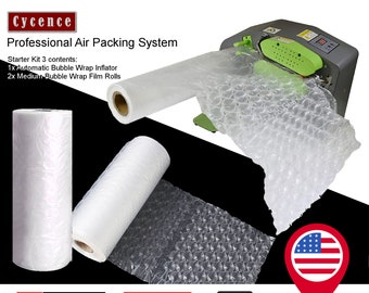 Cycence Air Packaging System Bundle- Automatic Air Cushion Wrap Bubble Inflator + 2 Rolls of Medium Bubble Air Cushioning Wrap Film Roll