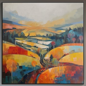 Textured Abstract Oil Painting: Colorful Landscape Wall Decor