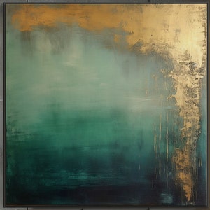 Gradient, Minimalist, Teal, Blue, Gold Leaf, 100% Hand Painted, Textured Painting, Acrylic Abstract Oil Painting, Wall Decor Living Room