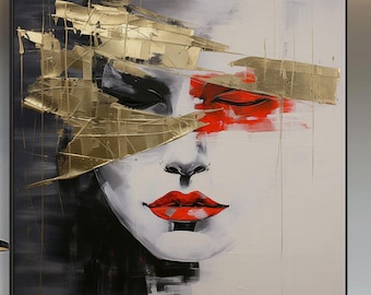 Handgeschilderd vrouwenportret: bladgoud en rood abstract acrylolieverfschilderij