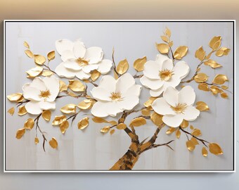 100% Hand Painted, Textured Gold & White Blossoms Painting, Acrylic Abstract Oil Painting, Wall Decor Living Room, Office Wall Art YT727