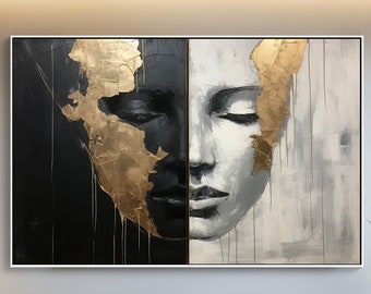 100% Hand Painted, Textured Woman's Face Black&White Painting, Acrylic Abstract Oil Painting, Wall Decor Living Room, Office Wall Art YT767