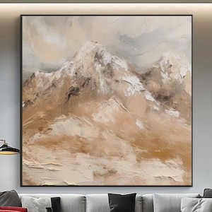 Textured Snowy Mountains Oil Painting: Abstract Mountain Landscape Wall Decor