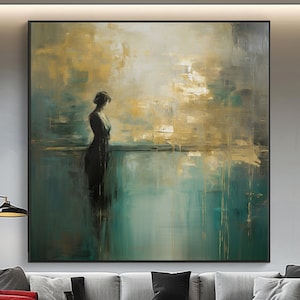 Golden Textured Canvas Art: Abstract Woman, Modern Gold Leaf Painting