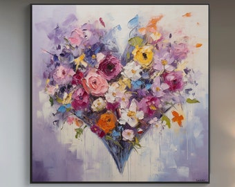 100 % peint à la main, bouquet de fleurs texturé, peinture de coeur, peinture à l'huile abstraite acrylique, décoration murale de salon, oeuvre d'art murale de bureau KT194