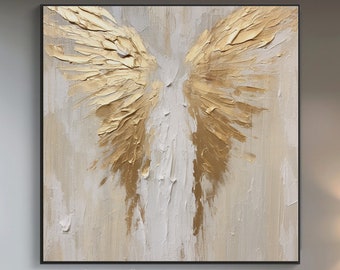 100% Hand Painted, Textured Golden Wings, Angel Painting, Acrylic Abstract Oil Painting, Wall Decor Living Room, Office Wall Art KT015