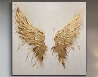 100% Hand Painted, Textured Golden Wings Painting, Acrylic Abstract Oil Painting, Wall Decor Living Room, Office Wall Art KT1577