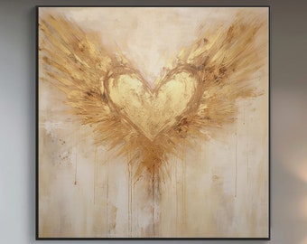 100% Hand Painted, Textured Golden Winged Heart Painting, Acrylic Abstract Oil Painting, Wall Decor Living Room, Office Wall Art KT394