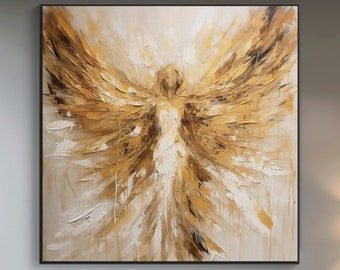 100% Hand Painted, Textured Golden Winged Angel Painting, Acrylic Abstract Oil Painting, Wall Decor Living Room, Office Wall Art KT1574