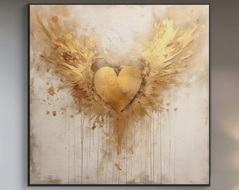 100% Hand Painted, Textured Golden Winged Heart Painting, Acrylic Abstract Oil Painting, Wall Decor Living Room, Office Wall Art KT393