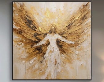 100% Hand Painted, Textured Golden Winged Angel Painting, Acrylic Abstract Oil Painting, Wall Decor Living Room, Office Wall Art KT1575