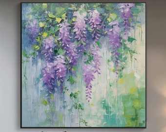 100% Hand Painted, Textured Spring Wisteria Flower Painting, Acrylic Abstract Oil Painting, Wall Decor Living Room, Office Wall Art KT1686