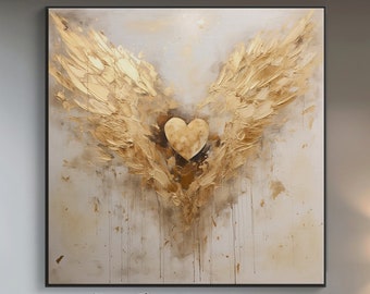 100% handgemaltes, strukturiertes goldenes geflügeltes Herz Gemälde, abstraktes Acrylölgemälde, Wanddekor Wohnzimmer, Bürowandkunst KT398