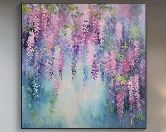 100% Hand Painted, Textured Spring Wisteria Flower Painting, Acrylic Abstract Oil Painting, Wall Decor Living Room, Office Wall Art KT102