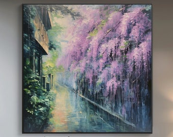 100% Hand Painted, Textured Spring Wisteria Flower Painting, Acrylic Abstract Oil Painting, Wall Decor Living Room, Office Wall Art KT106