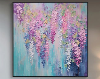 100% Hand Painted, Textured Spring Wisteria Flower Painting, Acrylic Abstract Oil Painting, Wall Decor Living Room, Office Wall Art KT104