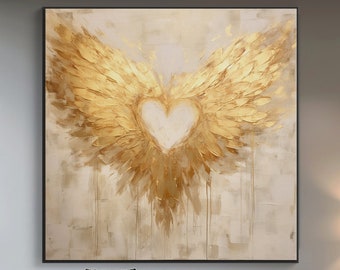 100% Hand Painted, Textured Golden Winged Heart Painting, Acrylic Abstract Oil Painting, Wall Decor Living Room, Office Wall Art KT395