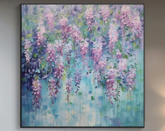 100% Hand Painted, Textured Spring Wisteria Flower Painting, Acrylic Abstract Oil Painting, Wall Decor Living Room, Office Wall Art KT101