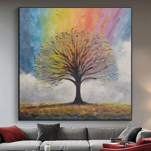Hand Painted Textured Tree Painting: Rainbow Abstract Oil Art