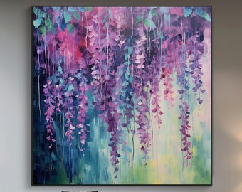100% Hand Painted, Textured Spring Wisteria Flower Painting, Acrylic Abstract Oil Painting, Wall Decor Living Room, Office Wall Art KT103