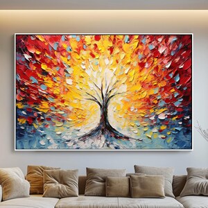 Abstract Blooming Tree Oil Painting: Colorful Textured Wall Decor