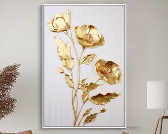 100% Hand Painted, Textured Golden Flowers, Poppy Painting, Acrylic Abstract Oil Painting, Wall Decor Living Room, Office Wall Art DT500