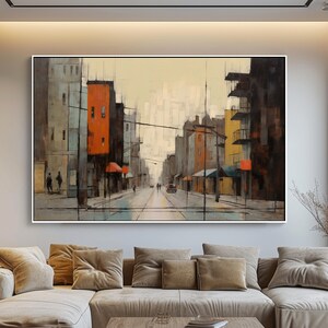 Hand Painted Cityscape Oil Painting: Abstract Textured Wall Art