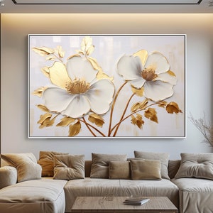 100% Hand Painted, Textured White & Gold Flower Painting, Acrylic Abstract Oil Painting, Wall Decor Living Room, Office Wall Art YT726