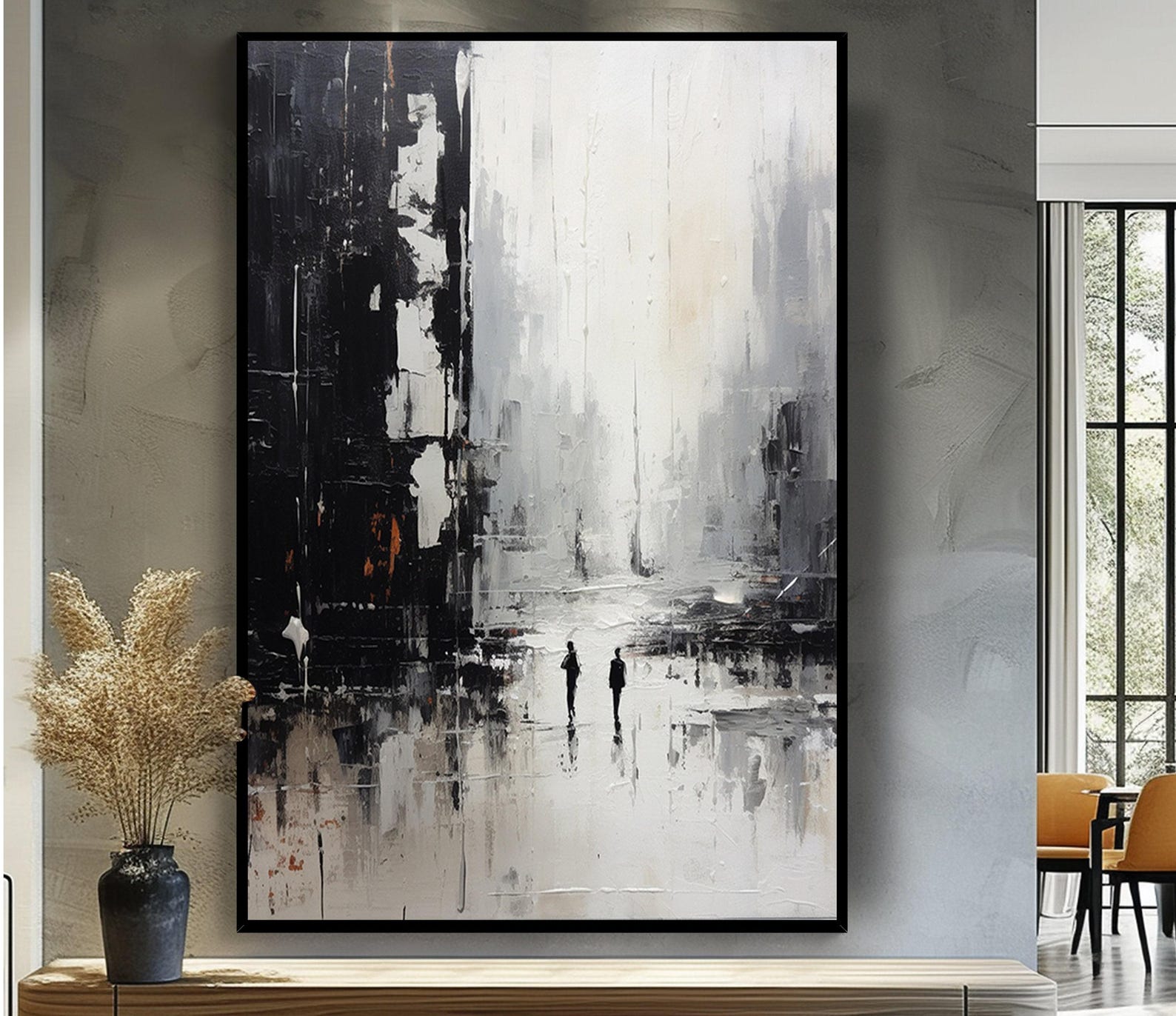 Textured Black and White Abstract Oil Painting: Human Figures Wall Art ...