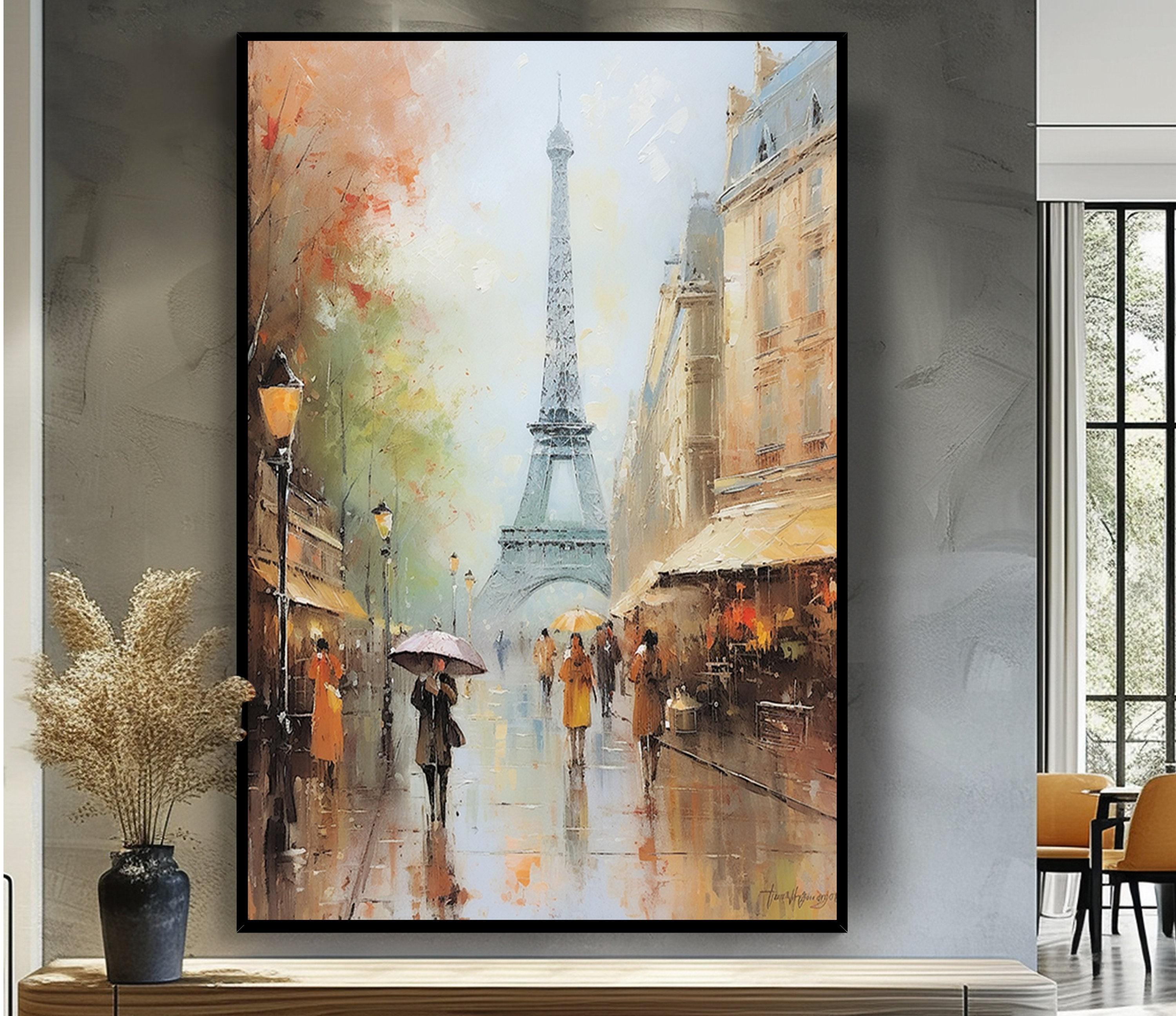 エッフェル塔の絵画：パリの雨、テクスチャのあるアクリル油絵 - Etsy 日本