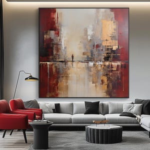 Red Abstract Cityscape Painting, Textured Acrylic Original Oil, Hand Painted