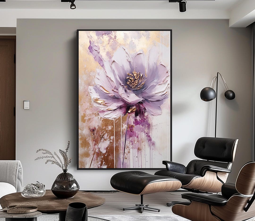 Textured Purple Flower Oil Painting: Gold Abstract Floral Wall Art - Etsy